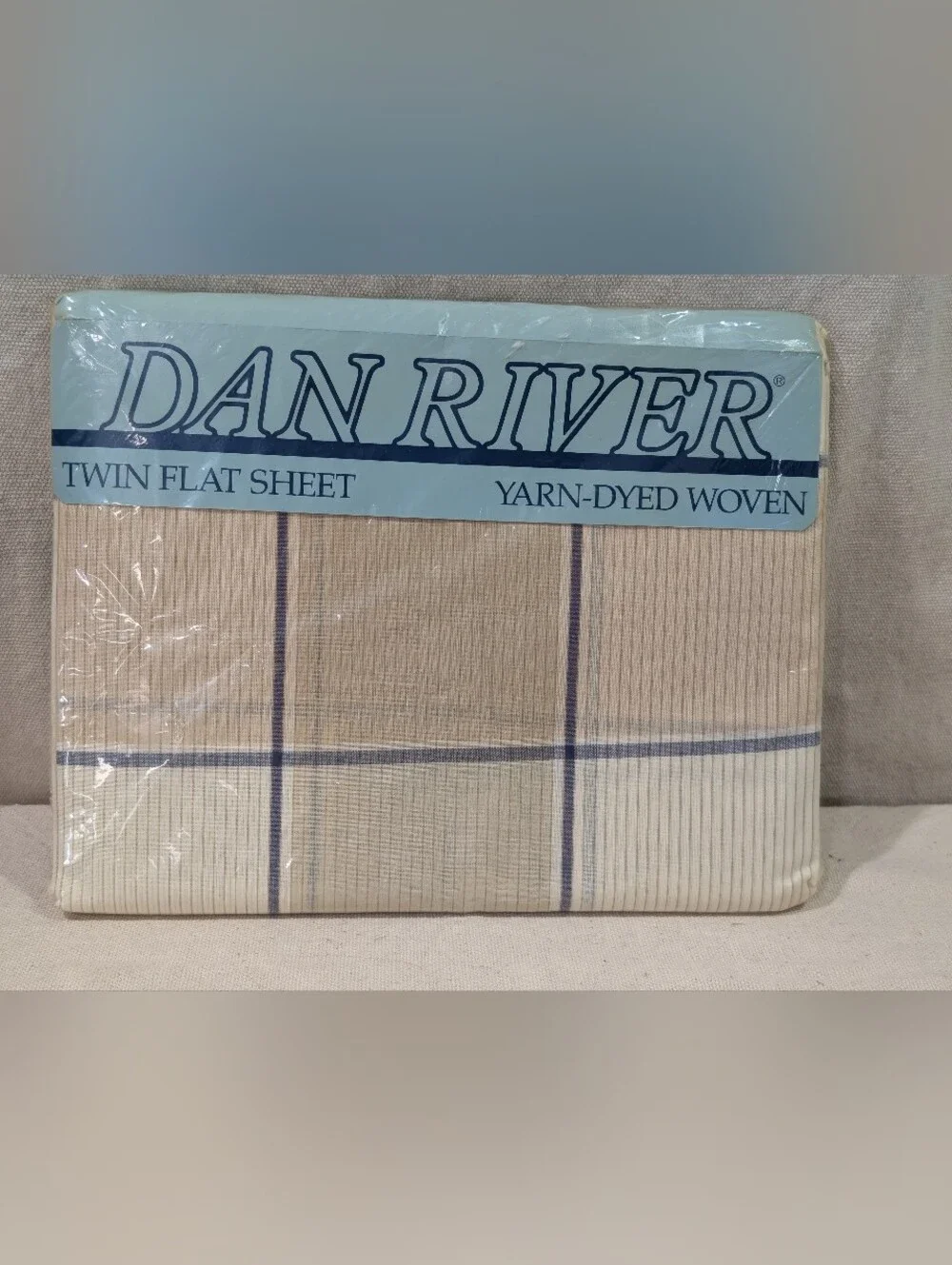 VTG NOS Bed SHEET TWIN Fitted Dan River 1986 Aurba Plaid No Iron Cotton Blue Tan